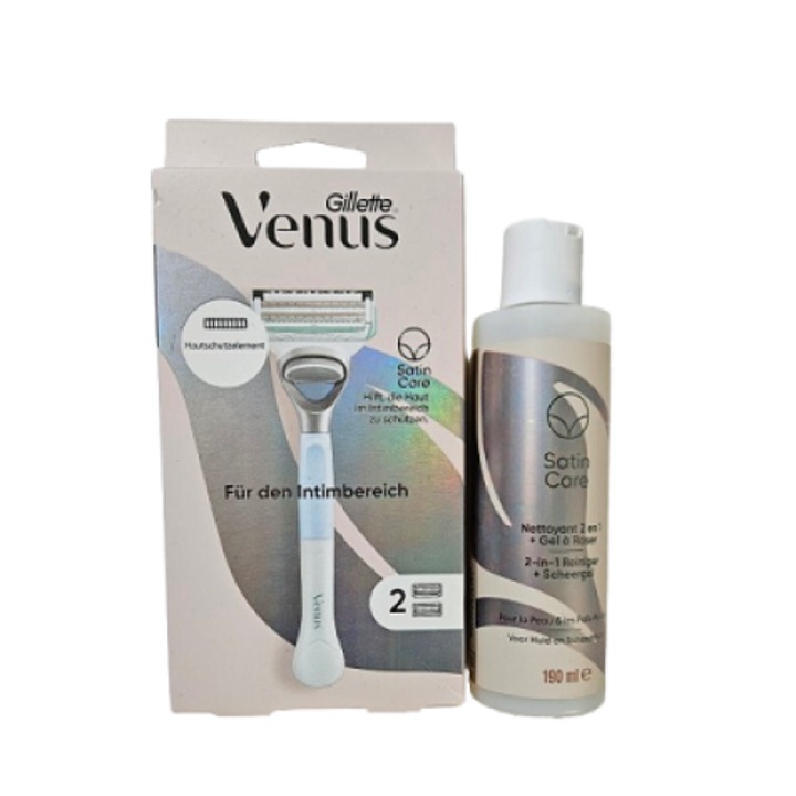 Set aparat de ras cu 2 rezerve si demachiant- gel de barbierit 2 x 1, 190 ml, Gillette Venus pentru parul si pielea zonei intime