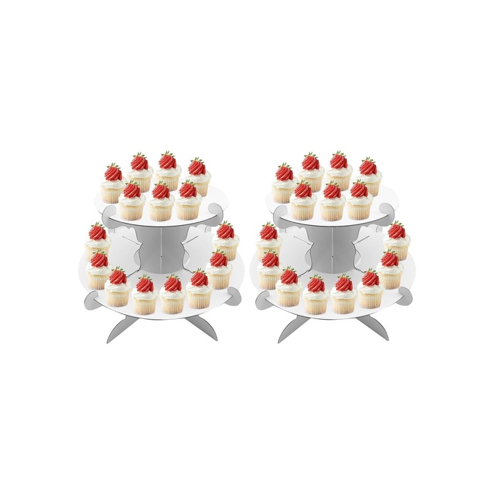 Suport etajat pentru prajituri, briose, fructe, Set de 2 bucati, Alb, 33 x 15 cm, 2 Etaje, Carton