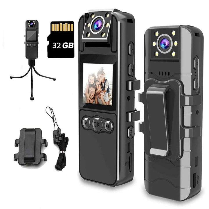 Camera Video Corporala, Full HD 1080P, lentila rotativa 180°, 32GB card de memorie inclus, Dispaly 1.3 Inch, Night Vision, Alarma, Body Cam Sport, OUYLAF, Negru
