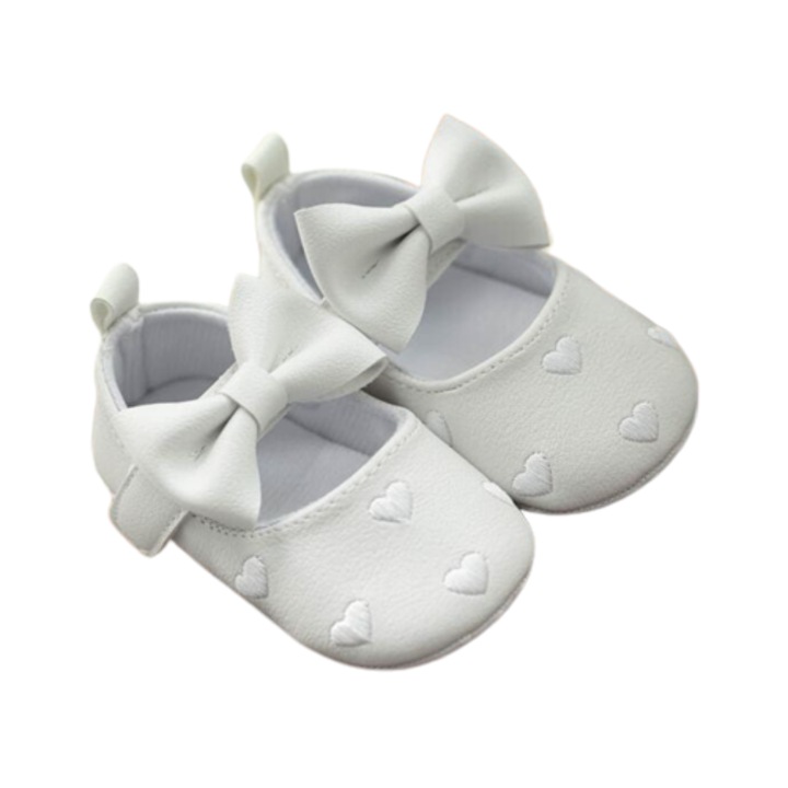 Pantofiori Eleganți pentru Bebeluși - Model Inimi Albe, Moale și Confortabil, Primii Pași