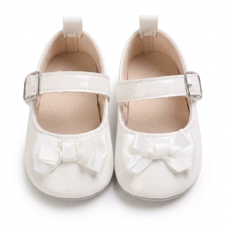 Pantofiori eleganți pentru bebeluși, lăcuiți cu fundiță albă – Confortabili, antiderapanți, ideali pentru evenimente speciale