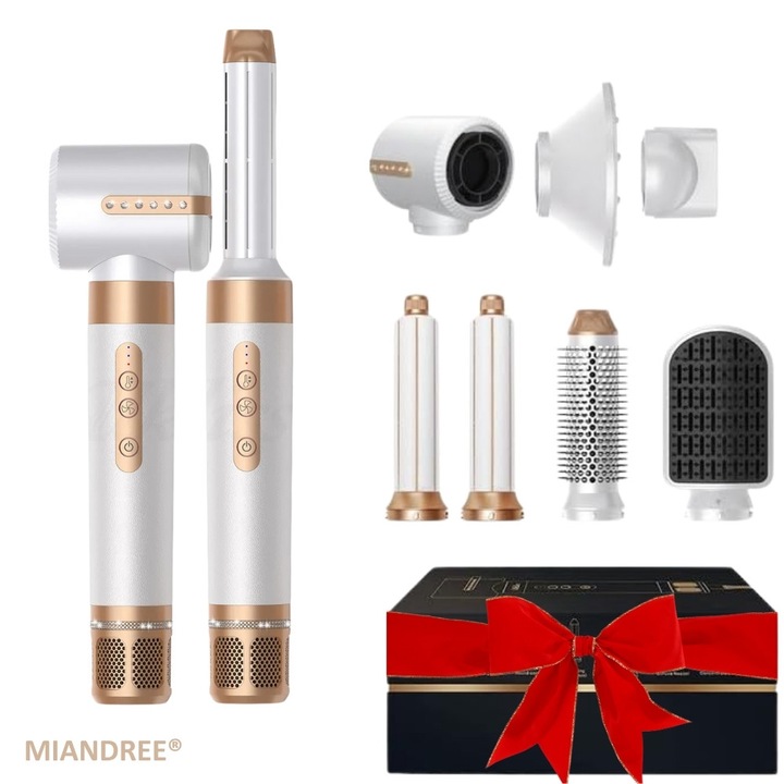 Set Uscator de Par 7 in 1 MIANDREE®, 1400W, Ondulator cu Absorbtie Automata, Difuzor, Perie Indreptare, 3 Viteze, 3 Trepte de Temperatura, 200 Milioane Ioni Negativi pentru Par Stralucitor, 2 Capete Ondulare, Duza Netezire