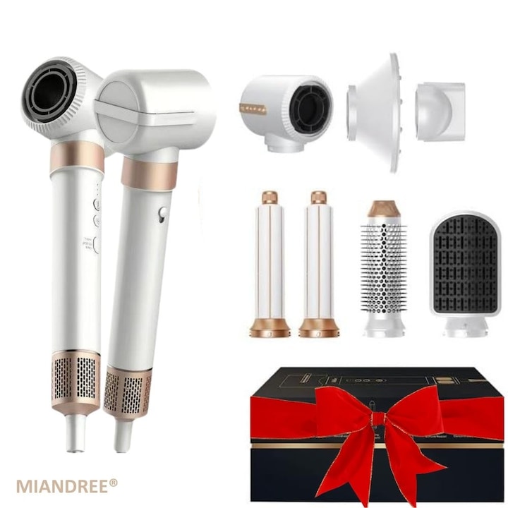 MIANDREE 7 az 1-ben hajszárító készlet, 1400 W, hajsütővas automatikus felszívással, diffúzor, kiegyenesítő kefe, 3 sebesség, 3 hőmérsékleti fokozat, 200 millió negatív ion a fényes hajért, 2 göndörítő fej, simító fúvóka