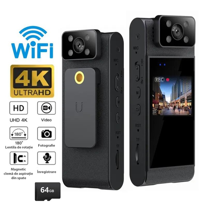 Mini camera wifi, camera video pentru corp de politie Full HD 4K, memorie maxima 128G, camera pentru corp premium pentru aplicarea legii, securitate, paza, casa, in aer liber, calatorie, camping, ciclism, vine cu card de memorie 64G de ultra-inalta viteza