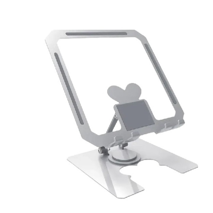 Suport pentru tableta/telefon in forma de inima, aluminiu, pivotant 360°, pentru telefoane mobile si tablete, Argintiu