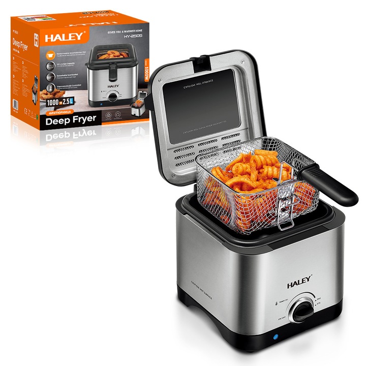 Elektromos olajsütő HALEY HY-2505, 1000 W, Űrtartalom 2,5L, Elegáns Ezüst Design, Pontos hőmérsékletszabályozás