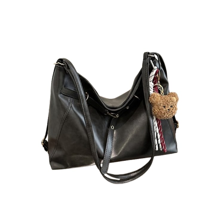 Geanta dama, Majurphy, Vintage, capacitate mare, cu sarm, curele simple si duble, material PU, Negru