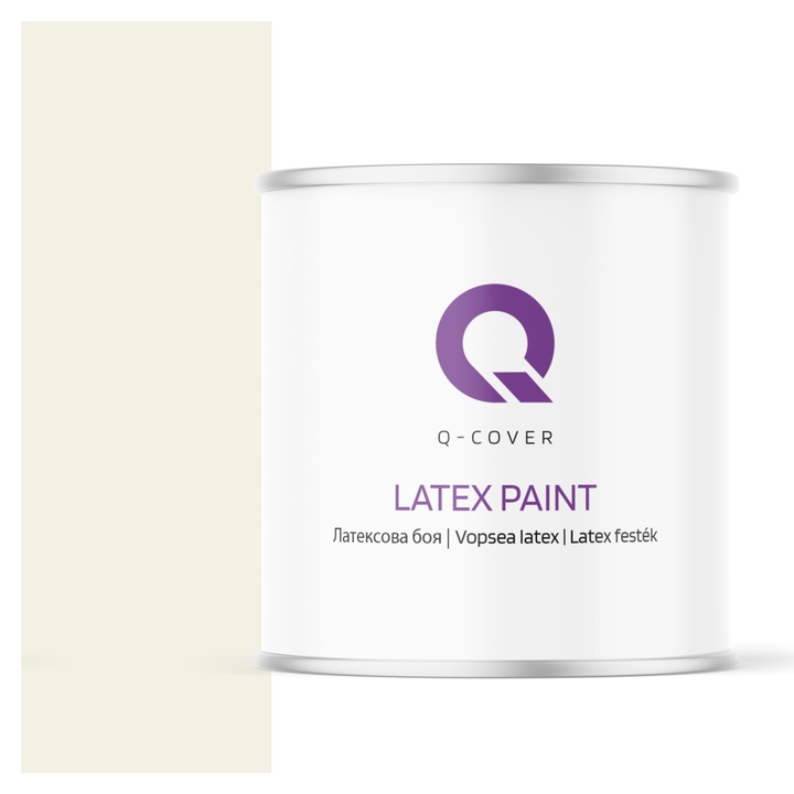 Vopsea latex, Q-Cover, Alb cu tenta de galben H6984, pentru interior, pe baza de apa, galeti de fier, usor de aplicat, rezistent la frecare, elimina reflexiile luminii, sigura pentru persoanele alergice, fara miros, tixotropa, Mat, 2L