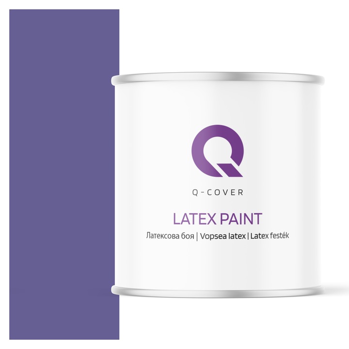 Vopsea latex, Q-Cover, Mov inchis H2613, pentru interior, pe baza de apa, galeti de fier, usor de aplicat, rezistent la frecare, elimina reflexiile luminii, sigura pentru persoanele alergice, fara miros, tixotropa, Mat, 2L