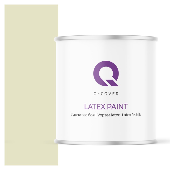 Vopsea latex, Q-Cover, Alb cu tenta verde mazare H2476, pentru interior, pe baza de apa, galeti de fier, usor de aplicat, rezistent la frecare, elimina reflexiile luminii, sigura pentru persoanele alergice, fara miros, tixotropa, Mat, 2L