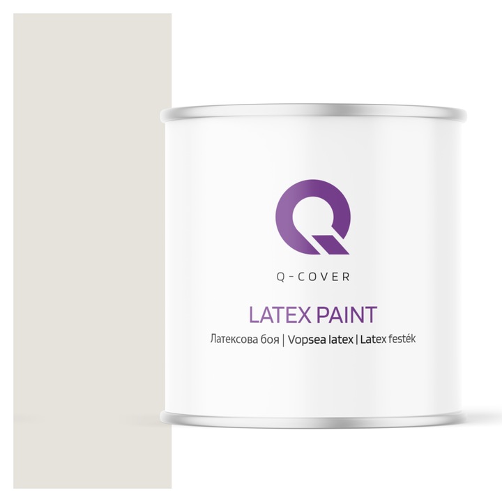 Vopsea latex, Q-Cover, Alb cu tenta de gri H1276, pentru interior, pe baza de apa, galeti de fier, usor de aplicat, rezistent la frecare, elimina reflexiile luminii, sigura pentru persoanele alergice, fara miros, tixotropa, Mat, 2L