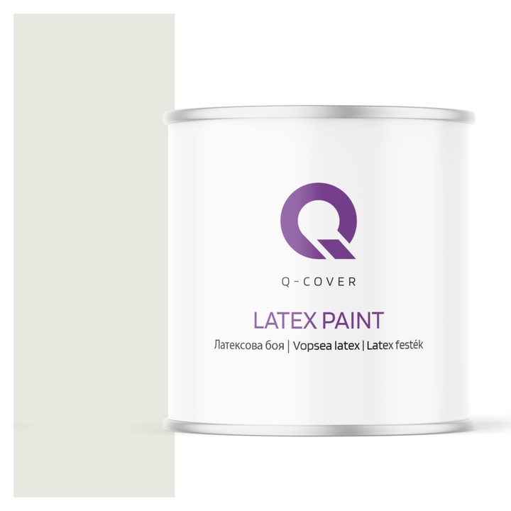 Vopsea latex, Q-Cover, Alb cu tenta de masliniu H2079, pentru interior, pe baza de apa, galeti de fier, usor de aplicat, rezistent la frecare, elimina reflexiile luminii, sigura pentru persoanele alergice, fara miros, tixotropa, Mat, 2L