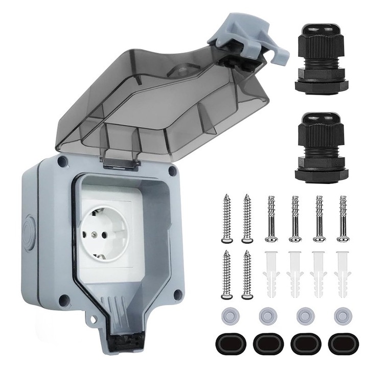 Priza impermeabila exterior, JZRO,1 orificii, Priza de gradina exterioara, IP66, De exterior, rezistenta la apa si praf, Gri/Alb, Cu accesorii de montaj