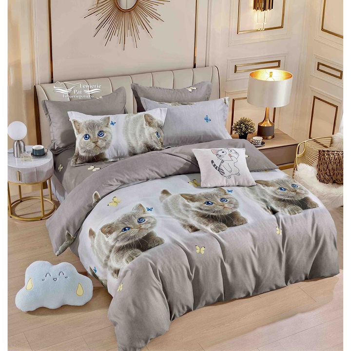 Lenjerie de Pat Pisicute Bumbac Finet Premium, 6 Piese, Husa Pilota cu Fermoar, Fete de Perna Elegante