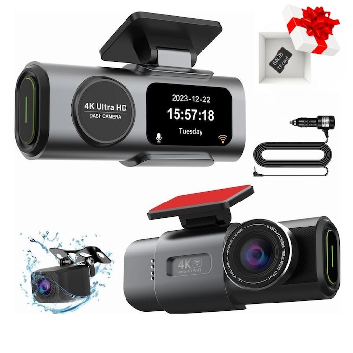 Nuvora Автомобилен DVR, Камера за видеорегистратор, Full HD 4K, 1080p, WiFi, Цикличен запис, Нощно виждане, G-сензор, Камера за задно виждане