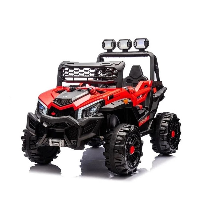 Masinuta Electrica de Teren pentru copii, Off Road, cu Faruri si Baterie 12V, 3-8 ani, 30 kg, negru-rosu