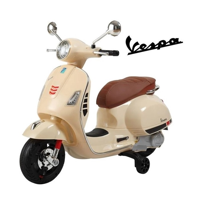 Motocicleta electrica Vespa, 6V, 3-6 ani, 30 kg, Piele si Faruri Led, bej