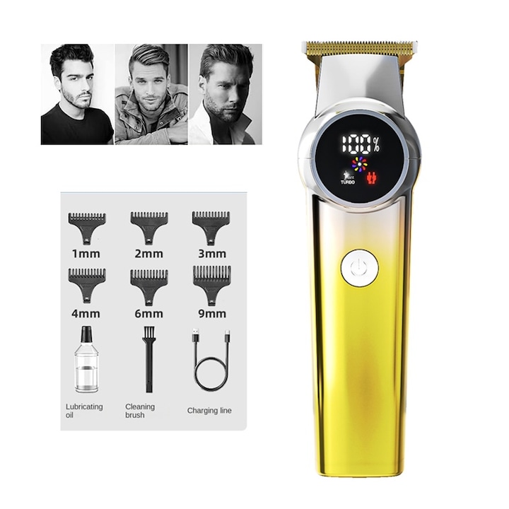 Lingo hajvágó, 2 állítható fokozat, 6 fésű, USB töltés, tartozékok mellékelve, rozsdamentes pengék, arany/ezüst