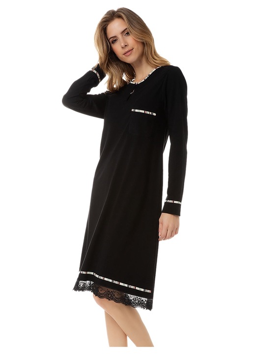 Pijamale dama, Minerva, Camasa de noapte Stripe, bumbac moale modal, dantela si nasturi, negru, M INTL