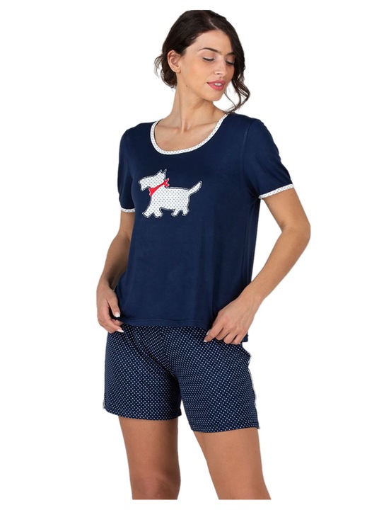 Pijamale dama Rachel, viscoza moale, design broderie, buline, albastru