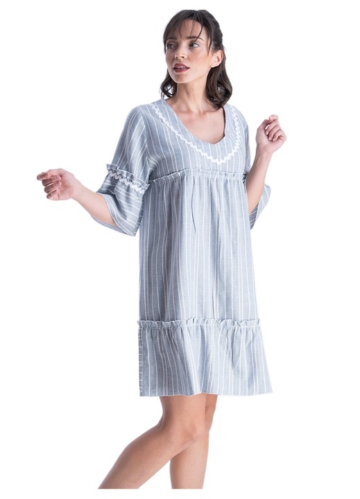 Rochie Rachel, caftan, dungi Lurex, volane, culoare ciel, viscoza