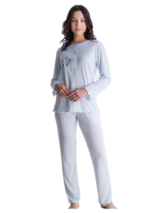 Pijamale dama Rachel, bumbac moale, design broderie, culoare Ciel, cu buzunare, S INTL