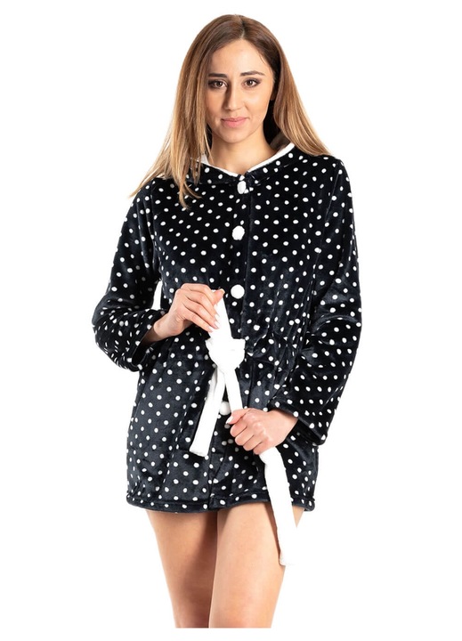 Halat dama KOYOTE, cu gluga, cordon reglabil, fleece, negru/alb