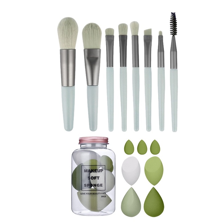 Set 8 Pensule & Set 7 Buretei Ultimate Glow & Perfection Kit, Travel Size, Make-up Profesional/Incepatori, Prietenoase cu Pielea, Aplicare fara Pete, Multifunctionali, Diferite Dimensiuni, Maner din Lemn, Verde