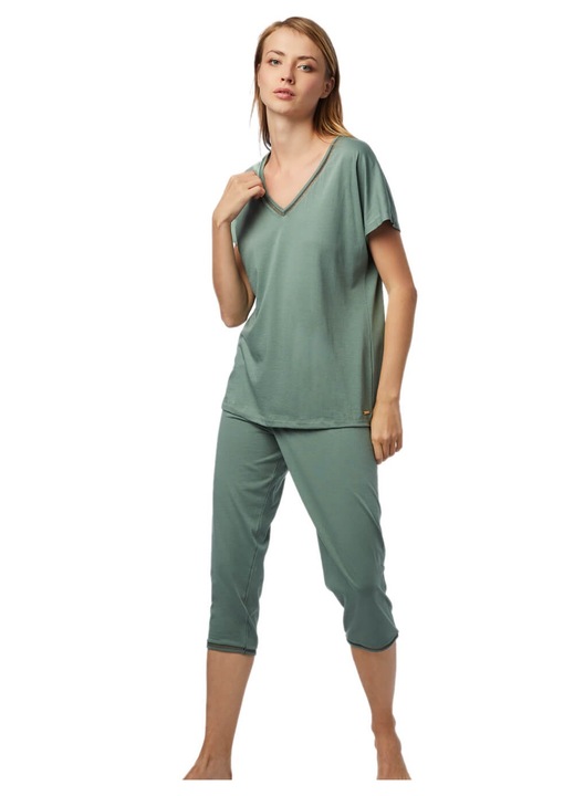 Pijamale dama Minerva, set, decolteu in V, kaki, bumbac modal, M INTL