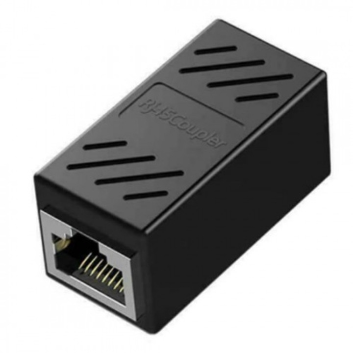 Prelungitor - Adaptor RJ45 8P-8C, Mufa de prelungire pentru cablu retea cat5 si cat6, UTP - FTP, Mama - Mama RJ45 Ecranat, Negru