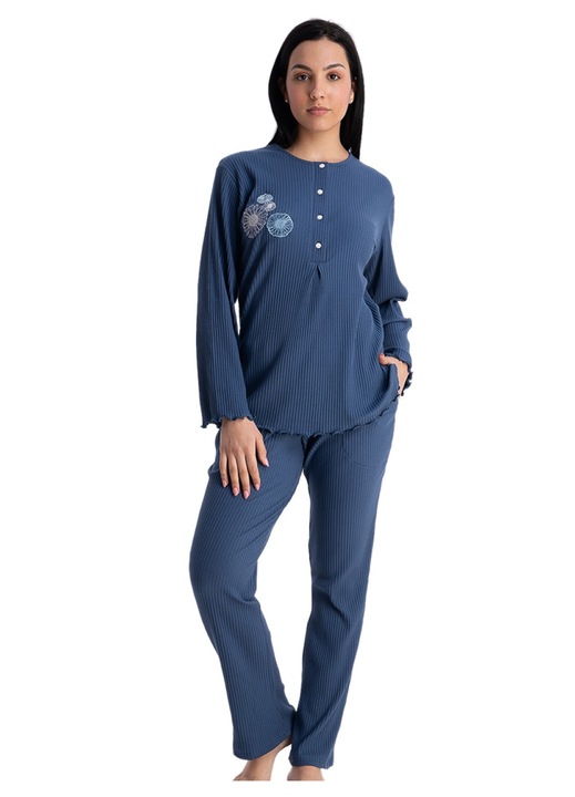 Set pijamale dama Rachel, bumbac, design elaborat, moale, albastru, S INTL