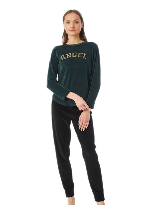 Pijamale dama Minerva, catifea, extra cald, verde, design serigrafic