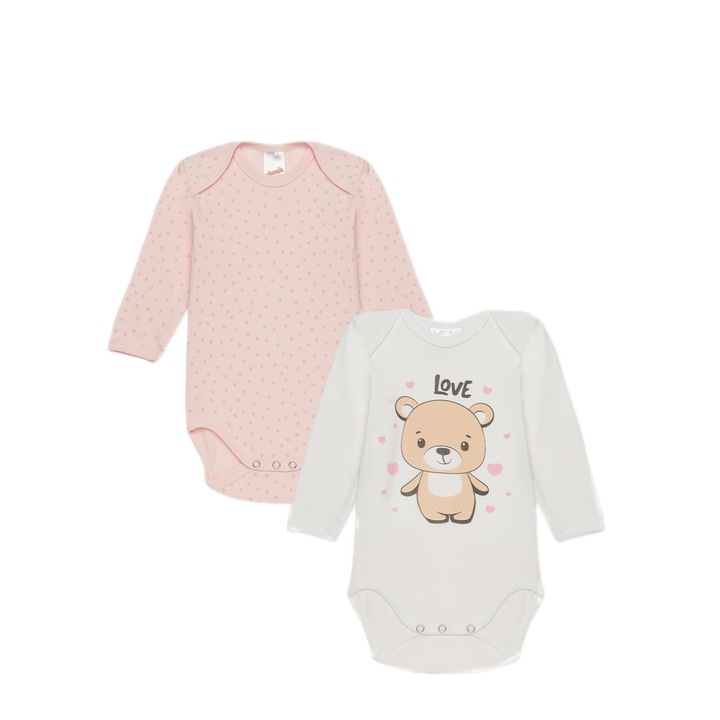 Set 2 body-uri fete, Minerva, bumbac organic, maneca lunga, roz/alb, 80-86 CM