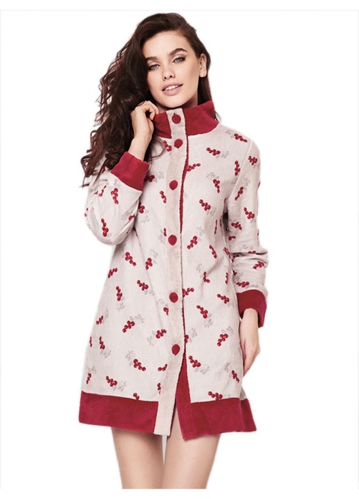 Halat dama INFIORE, design cu nasturi, buzunare laterale, crem/rosu, Fleece