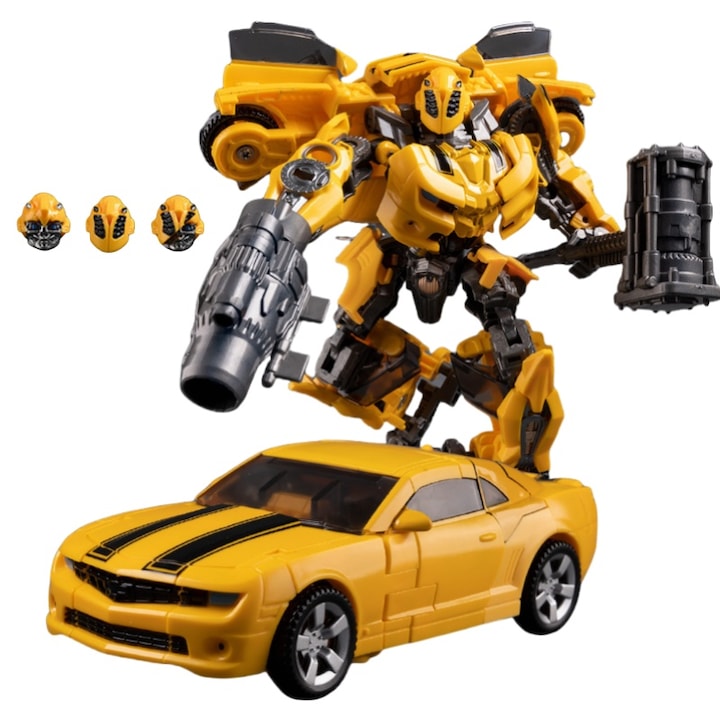 Robot Transformers Bumblebee, transformabil, galben, 19 cm, set cu 3 capete interschimbabile si arme