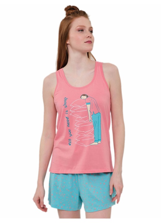 Pijamale dama Muydemi, design serigrafic, bumbac moale, roz