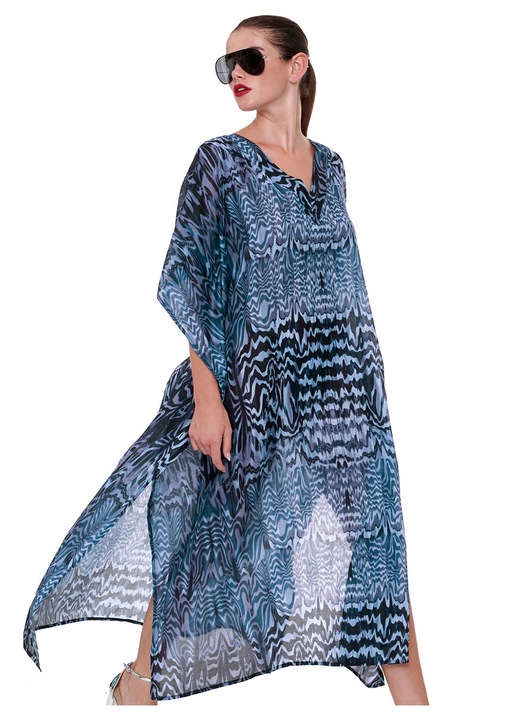 Rochie Caftan Bluepoint, maneci 3/4, deschidere V, imprimeu All Over Wave, albastru, tesatura aerisita