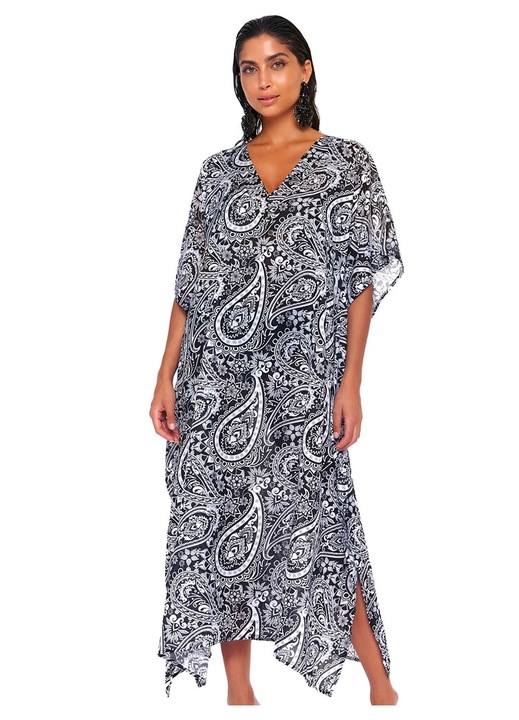 Rochie, Bluepoint, Kaftan, maneci scurte, deschidere V, negru, tesatura aerisita, L INTL