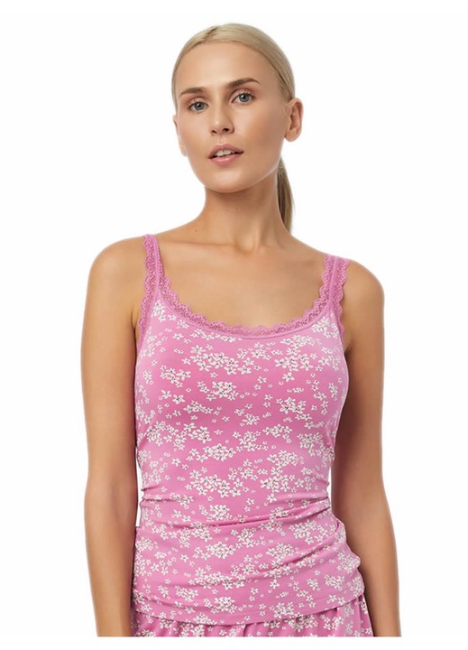 Pijamale dama Minerva, top din Tencel Modal, dantela, roz, moale, S INTL