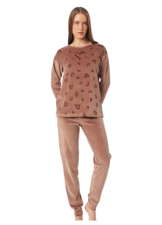 Pijamale dama Minerva, catifea moale, model animal, mocha, extra cald, L INTL
