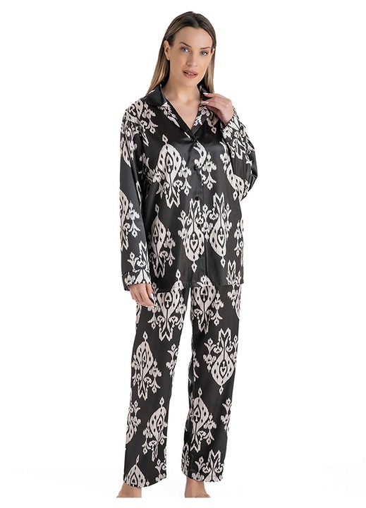 Pijamale dama Rachel, satin moale, design etnic, alb-negru