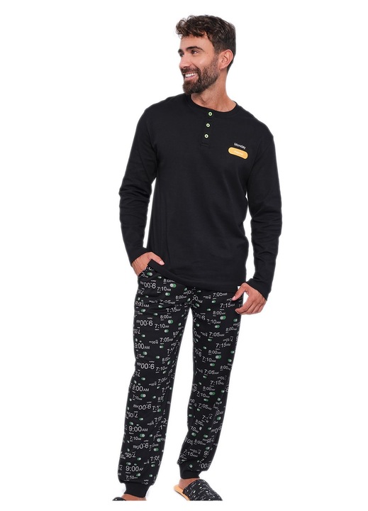 Pijamale barbati Muydemi, 100% bumbac, design serigrafiat, negru, set cu pantaloni de trening