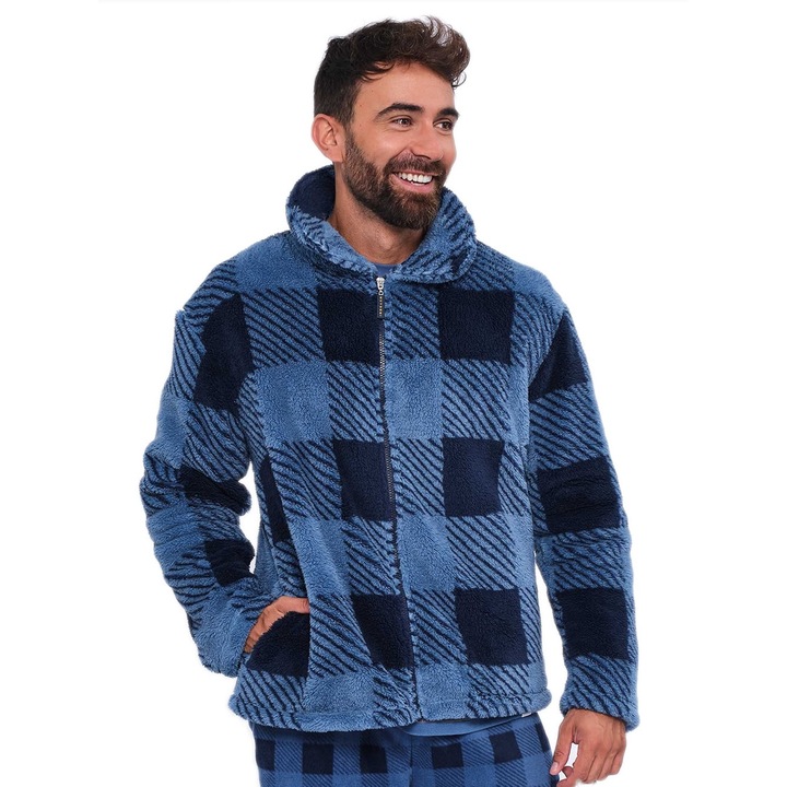 Halat barbati Muydemi, fleece, design carouri, cu fermoar, albastru, S INTL