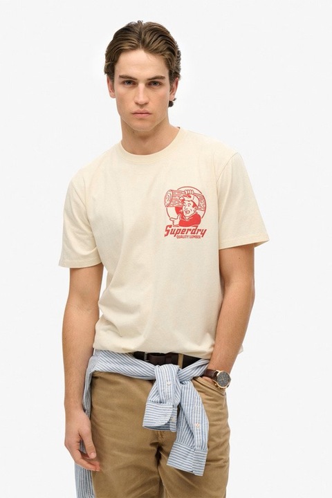 Superdry & Co, Тениска с овално деколте и лого, Бледочервен/Крем