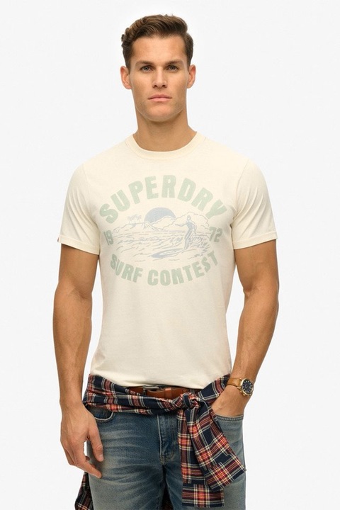 Superdry & Co, Тениска с овално деколте и надпис, Бледозелен/Светлосин/Светло бежово