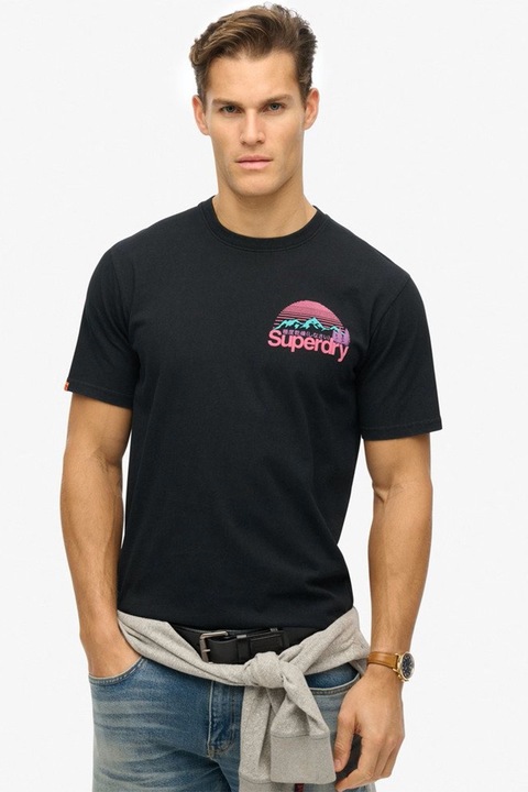 Superdry & Co, Стандартна тениска с принт, Виолетов/Избеляло черно/Прашно розово, S