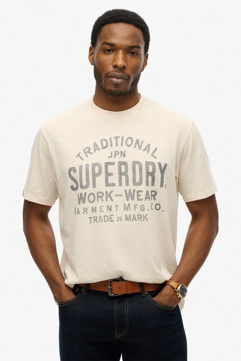 Superdry & Co, Стандартна тениска с надпис, Tъмносив/Светло бежово