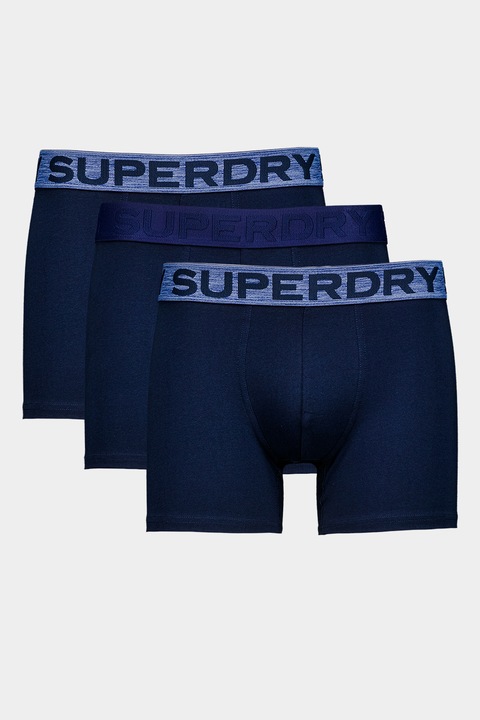 Superdry & Co, Set de boxeri din amestec de bumbac cu banda logo in talie - 3 perechi, Bleumarin