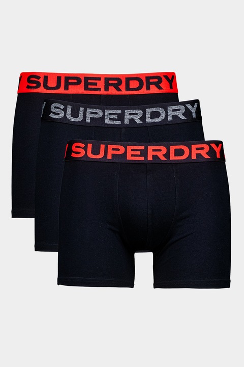 Superdry & Co, Set de boxeri din amestec de bumbac cu banda logo in talie - 3 perechi, Negru/Portocaliu mandarina