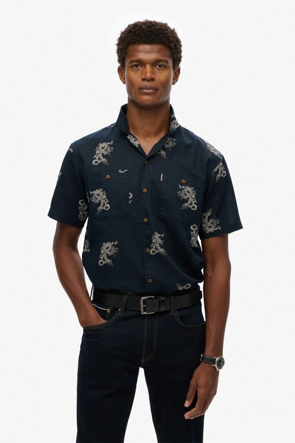 Superdry & Co, Camasa din amestec de in Beach, Gri, Bleumarin, M